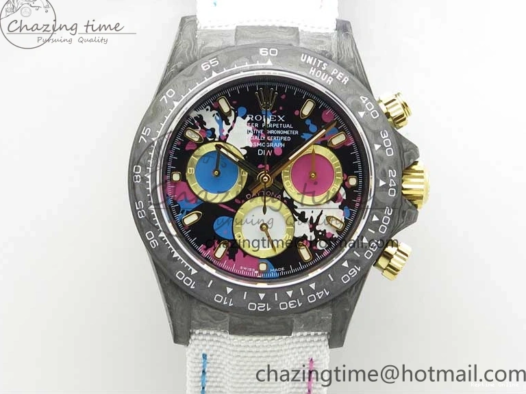 0413 ComfortFit Daytona DIW Carbon OMF Best Edition Blue Pink White Dial on White Nylon Strap A 2833